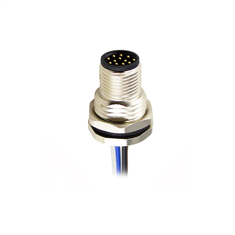 M12 12pins A code male straight front panel mount connector M16 thread,unshielded,single wires,brass with nickel plated shell